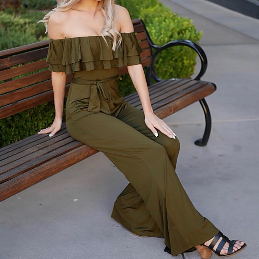 New! Off The Shoulder Olive Green Jumpsuit